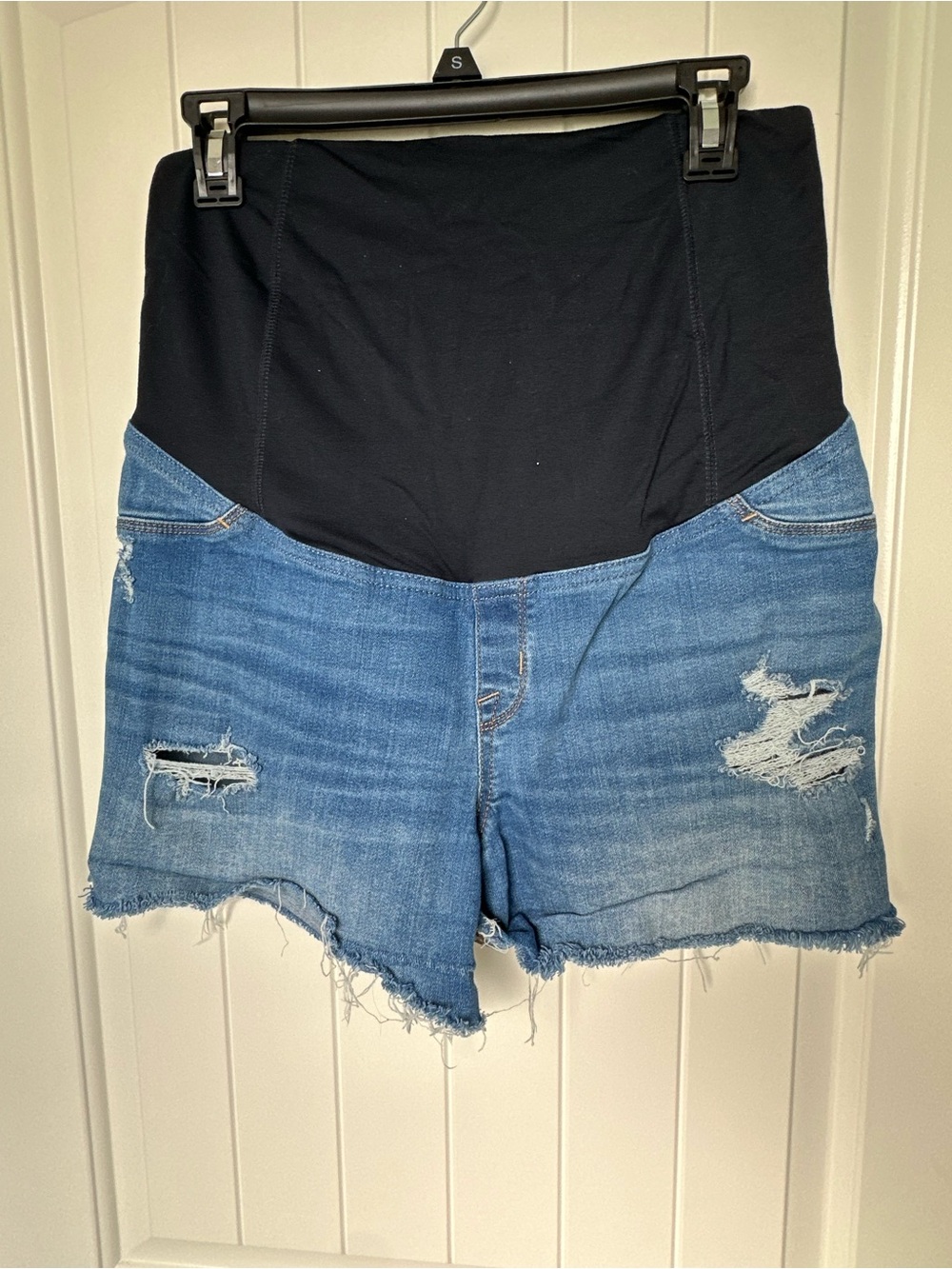 Isabel Maternity by Ingrid & Isabel Black-Waist Distressed Blue Denim Shorts